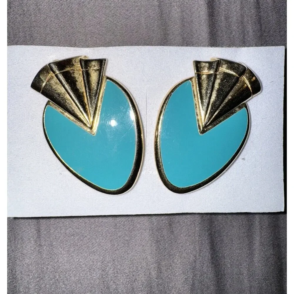 EARRINGS VTG 1980's Art Deco Turquoise Enamel 1.5